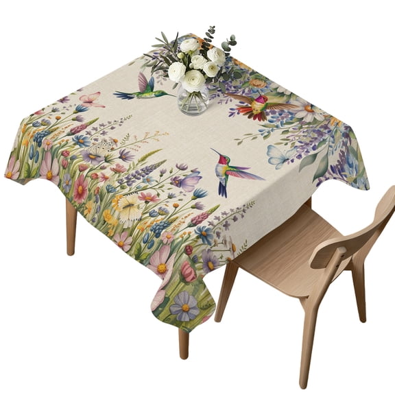 Waterproof Tablecloth Rustic Garden Blossom Flower Bird Square Table Cloth 54x54in,Wipeable Washable Table Cover Hummingbird Floral on Linen Tablecloths for Dining Tables Kitchen Picnic Ourdoor