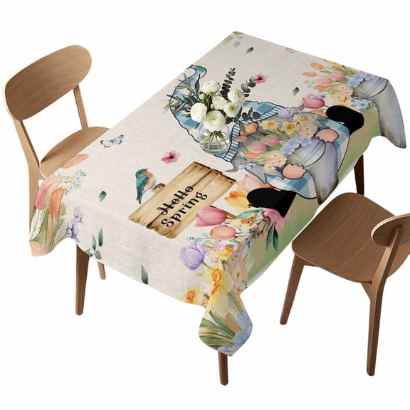 Waterproof Tablecloth Rustic Gnome Farmhouse Flower Rectangle Table Cloth 52x70in,Wipeable Washable Table Cover Spring Pastoral Linen Theme Tablecloths for Dining Tables Kitchen Picnic Ourdoor