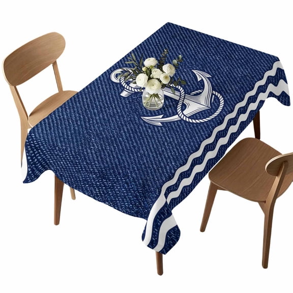 Waterproof Tablecloth Rustic Midnight Blue Ship Anchor Rectangle Table Cloth 52x70in,Wipeable Washable Table Cover Nautical Ocean Waves Tablecloths for Dining Tables Kitchen Picnic Camping Ourdoor