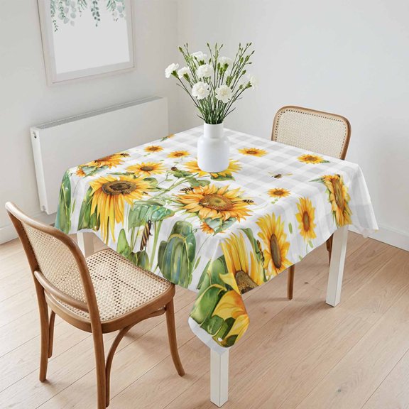 Waterproof Tablecloth Rustic Yellow Sunflower Leaf Square Table Cloth 60x60in,Wipeable Washable Table Cover Cute Bee on Grey White Plaid Tablecloths for Dining Tables Kitchen Picnic Camping Ourdoor