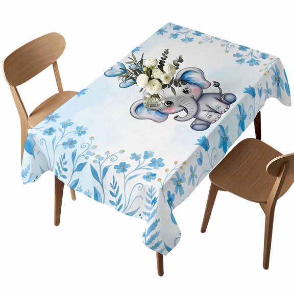 Waterproof Tablecloth Small Elephants With Balloons Rectangle Table Cloth 52x70in,Wipeable Washable Table Cover Country Blue Flowers Tablecloths for Dining Tables Kitchen Picnic Camping Ourdoor