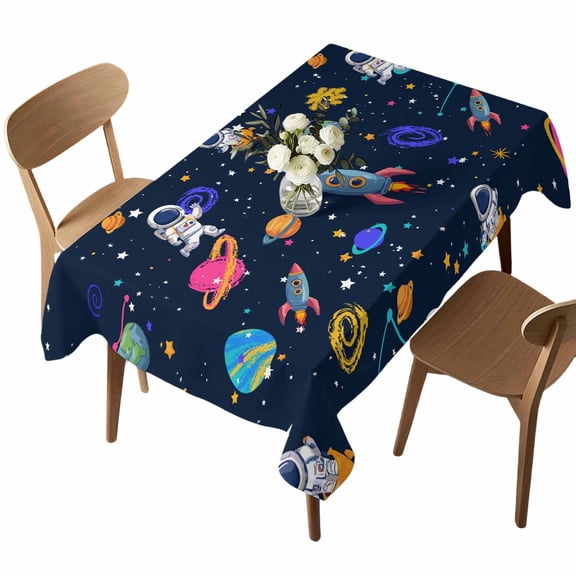 Waterproof Tablecloth Space Planet Cartoon Rocket Rectangle Table Cloth 52x70in,Wipeable Washable Table Cover Stars and Moon on Black Tablecloths for Dining Tables Kitchen Picnic Camping Ourdoor