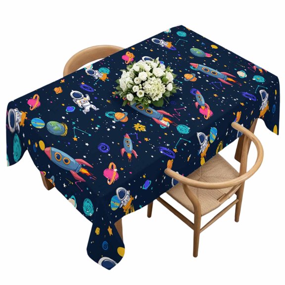Waterproof Tablecloth Space Planet Cartoon Rocket Rectangle Table Cloth 60x120in,Wipeable Washable Table Cover Stars and Moon on Black Tablecloths for Dining Tables Kitchen Picnic Camping Ourdoor