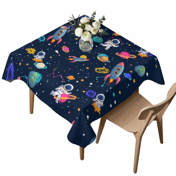 Waterproof Tablecloth Space Planet Cartoon Rocket Square Table Cloth 54x54in,Wipeable Washable Table Cover Stars and Moon on Black Tablecloths for Dining Tables Kitchen Picnic Camping Ourdoor Party