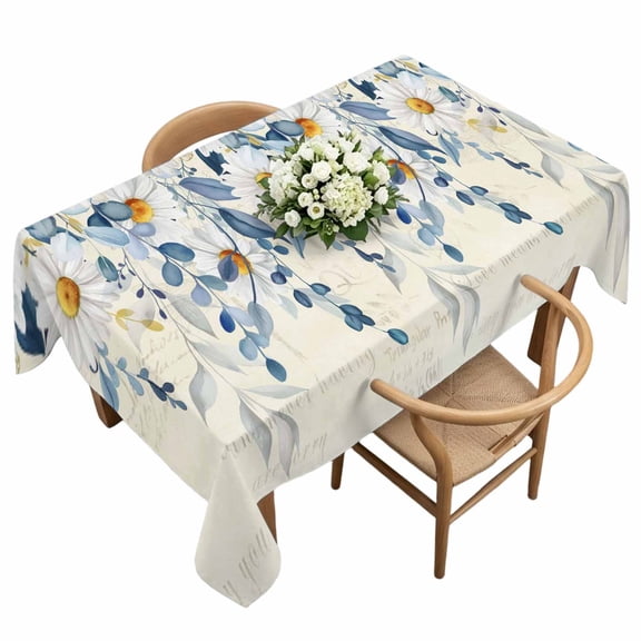 Waterproof Tablecloth Spring Daisy Blue Eucalyptus Rectangle Table Cloth 60x120in,Wipeable Washable Table Cover Watercolor Foliage Tablecloths for Dining Tables Kitchen Picnic Camping Ourdoor Party