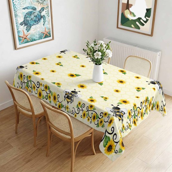 Waterproof Tablecloth Spring Sunflower Bee Rectangle Table Cloth 60x84in,Wipeable Washable Table Cover Pastoral Flower Plant Yellow Theme Tablecloths for Dining Tables Kitchen Picnic Ourdoor