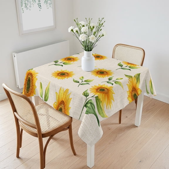 Waterproof Tablecloth Spring Watercolor Sunflower on Linen Square Table Cloth 60x60in,Wipeable Washable Table Cover Flower Green Leaves Tablecloths for Dining Tables Kitchen Picnic Camping Ourdoor