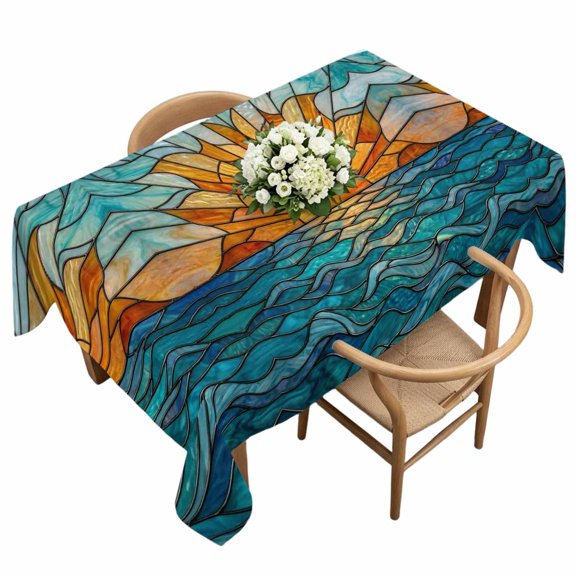 Waterproof Tablecloth Stained Glass Sunset Rectangle Table Cloth 60x120in,Wipeable Washable Table Cover Ocean Waves Landscape Tablecloths for Dining Tables Kitchen Picnic Camping Ourdoor Party
