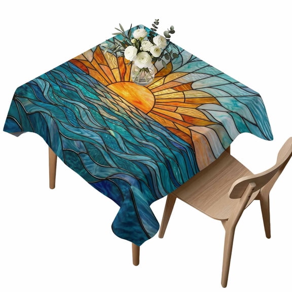 Waterproof Tablecloth Stained Glass Sunset Square Table Cloth 54x54in,Wipeable Washable Table Cover Ocean Waves Landscape Tablecloths for Dining Tables Kitchen Picnic Camping Ourdoor Party