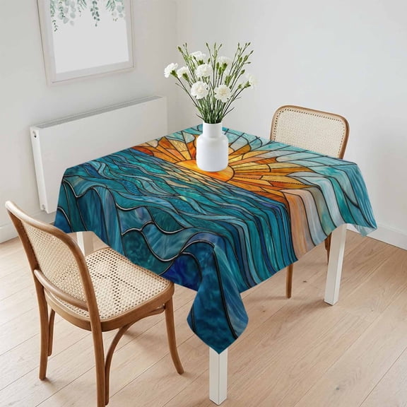 Waterproof Tablecloth Stained Glass Sunset Square Table Cloth 60x60in,Wipeable Washable Table Cover Ocean Waves Landscape Tablecloths for Dining Tables Kitchen Picnic Camping Ourdoor Party
