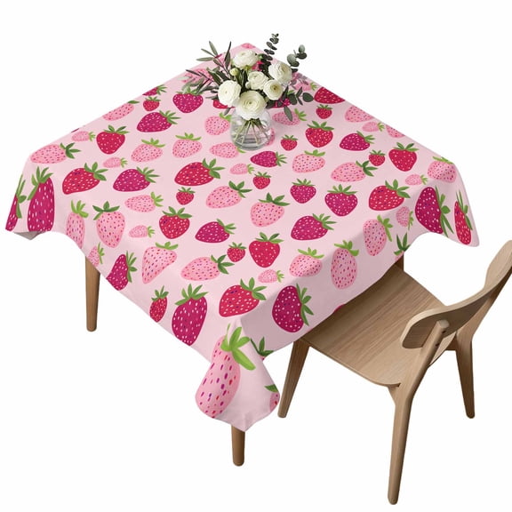 Waterproof Tablecloth Strawberries on Pink Background Square Table Cloth 54x54in,Wipeable Washable Table Cover Cute Red Fruit Tablecloths for Dining Tables Kitchen Picnic Camping Ourdoor Party
