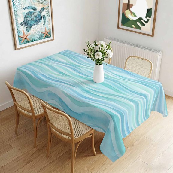 Waterproof Tablecloth Summer Abstract Ocean Wave Rectangle Table Cloth 60x102in,Wipeable Washable Table Cover Marine Blue Teal Wavy Stripes Tablecloths for Dining Tables Kitchen Picnic Ourdoor