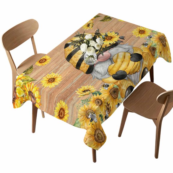 Waterproof Tablecloth Summer Farm Sunflowers Gnome Rectangle Table Cloth 52x70in,Wipeable Washable Table Cover Country Floral on Wood Tablecloths for Dining Tables Kitchen Picnic Camping Ourdoor