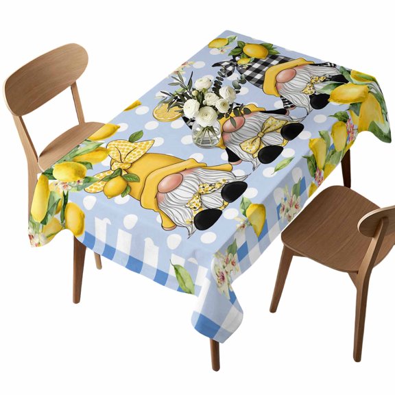 Waterproof Tablecloth Summer Gnome Lemon Flower Leaf Rectangle Table Cloth 52x70in,Wipeable Washable Table Cover Blue Checkered Polka Dot Tablecloths for Dining Tables Kitchen Picnic Ourdoor
