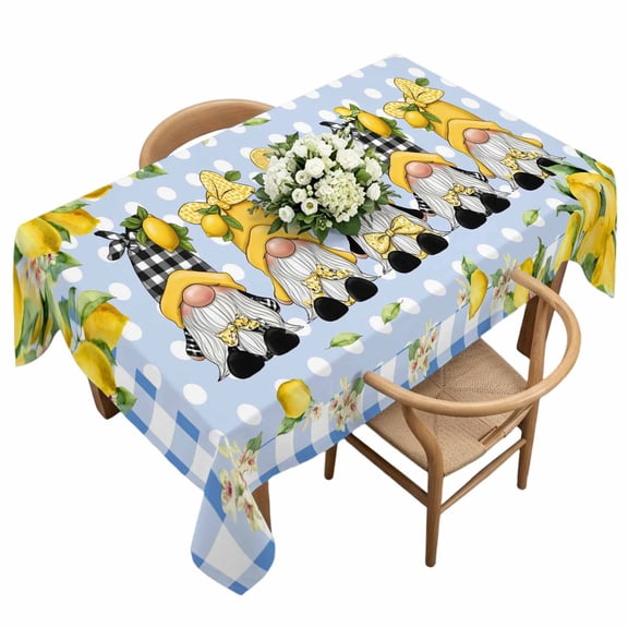 Waterproof Tablecloth Summer Gnome Lemon Flower Leaf Rectangle Table Cloth 60x120in,Wipeable Washable Table Cover Blue Checkered Polka Dot Tablecloths for Dining Tables Kitchen Picnic Ourdoor