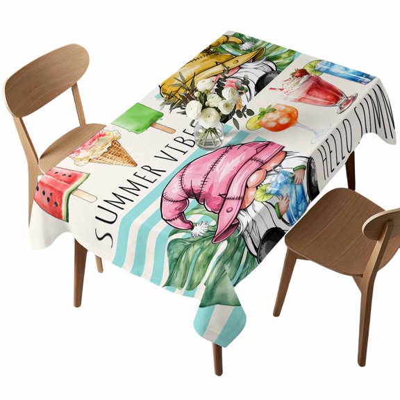 Waterproof Tablecloth Summer Gnomes Ice Beverage Rectangle Table Cloth 52x70in,Wipeable Washable Table Cover Blue White Stripes Palm Leaf Tablecloths for Dining Tables Kitchen Picnic Ourdoor