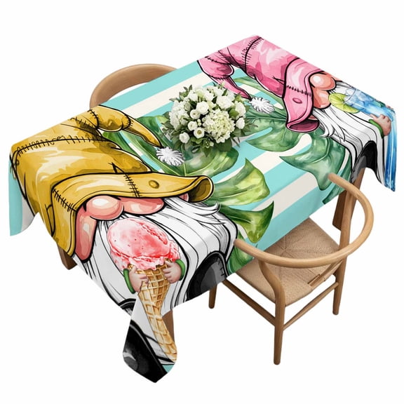 Waterproof Tablecloth Summer Gnomes Ice Beverage Rectangle Table Cloth 60x120in,Wipeable Washable Table Cover Blue White Stripes Palm Leaf Tablecloths for Dining Tables Kitchen Picnic Ourdoor