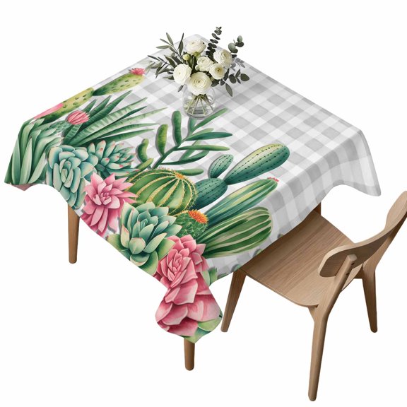 Waterproof Tablecloth Summer Tropical Cactus Square Table Cloth 54x54in,Wipeable Washable Table Cover Green Pink Plant Gray Buffalo Plaid Tablecloths for Dining Tables Kitchen Picnic Ourdoor