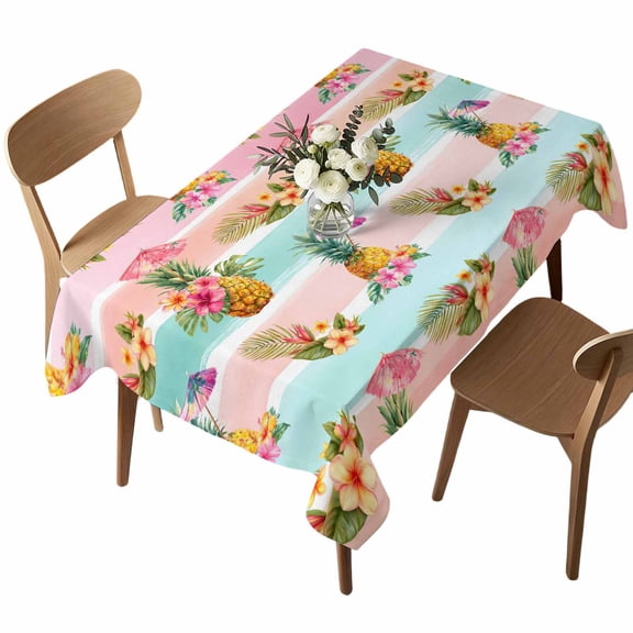 Waterproof Tablecloth Summer Tropical Fruit Pineapple Rectangle Table Cloth 52x70in,Wipeable Washable Table Cover Pink Green Striped Tablecloths for Dining Tables Kitchen Picnic Camping Ourdoor