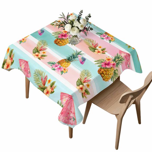 Waterproof Tablecloth Summer Tropical Fruit Pineapple Square Table Cloth 54x54in,Wipeable Washable Table Cover Pink Green Striped Tablecloths for Dining Tables Kitchen Picnic Camping Ourdoor Party