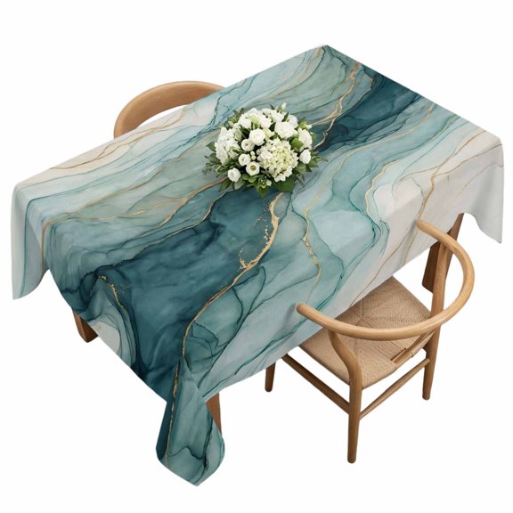 Waterproof Tablecloth Teal Beige Ombre Marble Texture Rectangle Table Cloth 60x120in,Wipeable Washable Table Cover Abstract Stone Gold Stripes Tablecloths for Dining Tables Kitchen Picnic Ourdoor