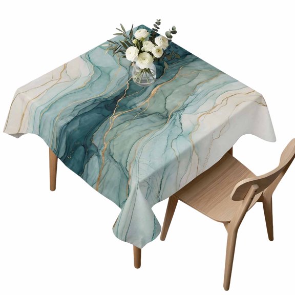 Waterproof Tablecloth Teal Beige Ombre Marble Texture Square Table Cloth 54x54in,Wipeable Washable Table Cover Abstract Stone Gold Stripes Tablecloths for Dining Tables Kitchen Picnic Ourdoor