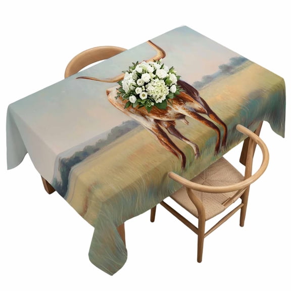 Waterproof Tablecloth Texas Longhorn Grass Sunset Rectangle Table Cloth 60x120in,Wipeable Washable Table Cover Farmhouse Natural Landscape Tablecloths for Dining Tables Kitchen Picnic Ourdoor