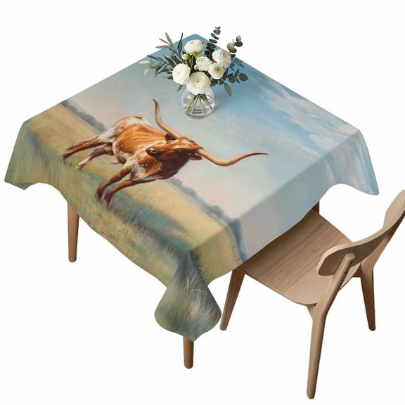 Waterproof Tablecloth Texas Longhorn Grass Sunset Square Table Cloth 54x54in,Wipeable Washable Table Cover Farmhouse Natural Landscape Tablecloths for Dining Tables Kitchen Picnic Camping Ourdoor