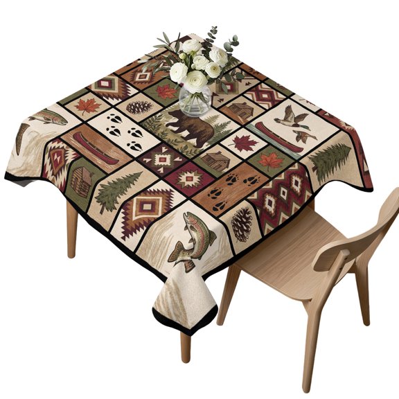 Waterproof Tablecloth Village Bear Deer Maple Leaf Fish Square Table Cloth 54x54in,Wipeable Washable Table Cover Retro Checkered Plaid Tablecloths for Dining Tables Kitchen Picnic Camping Ourdoor