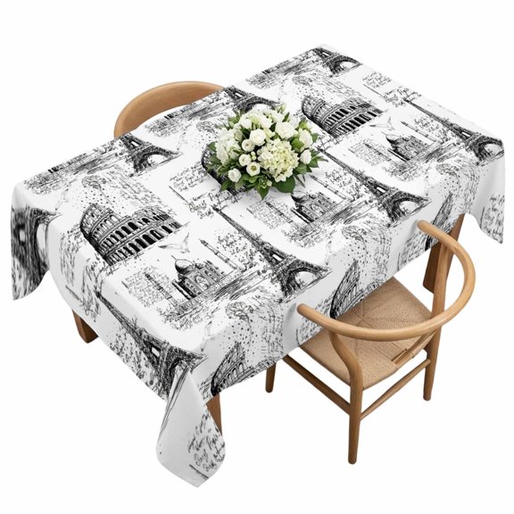 Waterproof Tablecloth Vintage European Landmarks Rectangle Table Cloth 60x120in,Wipeable Washable Table Cover Towel Monochromatic Sketch Tablecloths for Dining Tables Kitchen Picnic Camping Ourdoor