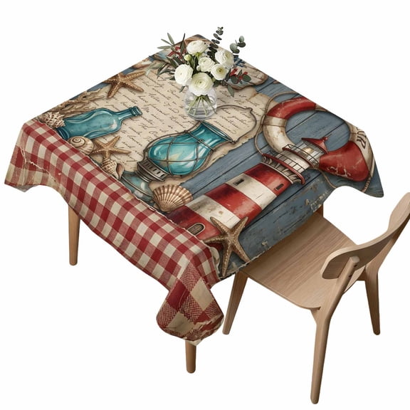 Waterproof Tablecloth Vintage Nautical Lighthouse on Wooden Square Table Cloth 54x54in,Wipeable Washable Table Cover to The Beach Quote Tablecloths for Dining Tables Kitchen Picnic Camping Ourdoor