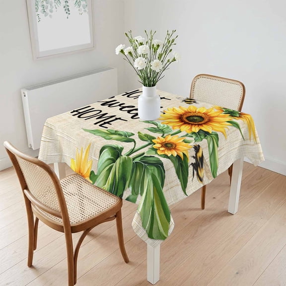 Waterproof Tablecloth Vintage Watercolor Sunflower Bee on Linen Square Table Cloth 60x60in,Wipeable Washable Table Cover Summer Floral Leaf Tablecloths for Dining Tables Kitchen Picnic Ourdoor