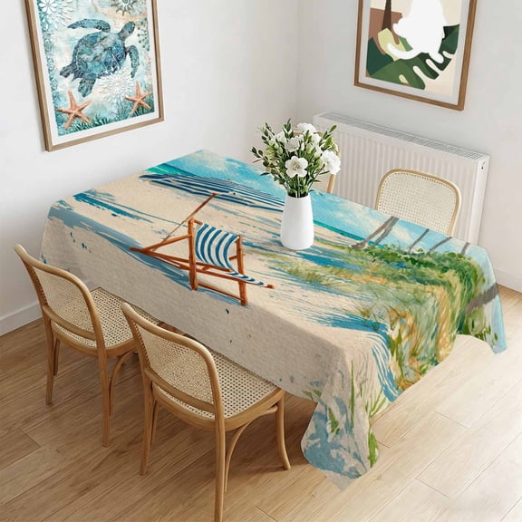 Waterproof Tablecloth Watercolor Beach Chair Rectangle Table Cloth 60x84in,Wipeable Washable Table Cover Striped Umbrella Palm Trees Ocean Tablecloths for Dining Tables Kitchen Picnic Ourdoor