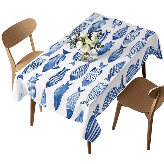 Waterproof Tablecloth Watercolor Blue Coastal Fish Rectangle Table Cloth 52x70in,Wipeable Washable Table Cover Summer Ocean Theme on White Tablecloths for Dining Tables Kitchen Picnic Ourdoor