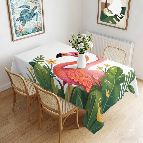 Waterproof Tablecloth Watercolor Flaming Birds Green Leaves Rectangle Table Cloth 60x84in,Wipeable Washable Table Cover Tropics Plants Tablecloths for Dining Tables Kitchen Picnic Camping Ourdoor