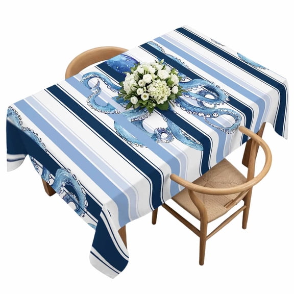 Waterproof Tablecloth Watercolor Marine Octopus Monster Rectangle Table Cloth 60x120in,Wipeable Washable Table Cover Blue Ombre Vertical Stripe Tablecloths for Dining Tables Kitchen Picnic Ourdoor