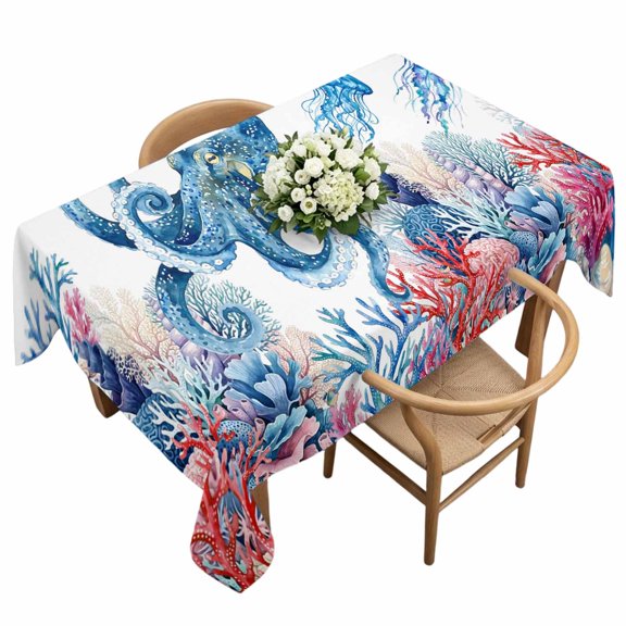 Waterproof Tablecloth Watercolor Octopus Huge Monster Rectangle Table Cloth 60x120in,Wipeable Washable Table Cover Colorful Ocean Coral Seaweed Tablecloths for Dining Tables Kitchen Picnic Ourdoor