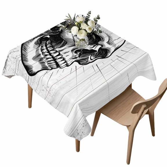 Waterproof Tablecloth Watercolor Skull Line Pattern Square Table Cloth 54x54in,Wipeable Washable Table Cover Abstract Skeleton on White Wood Tablecloths for Dining Tables Kitchen Picnic Ourdoor