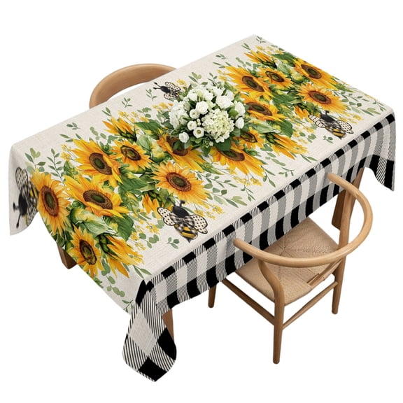 Waterproof Tablecloth Watercolor Sunflower Bee Green Leaves Rectangle Table Cloth 60x120in,Wipeable Washable Table Cover Black Buffalo Plaid Tablecloths for Dining Tables Kitchen Picnic Ourdoor