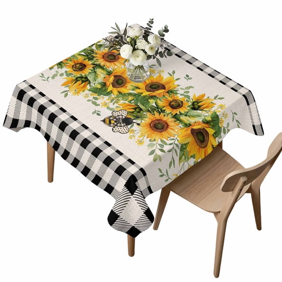 Waterproof Tablecloth Watercolor Sunflower Bee Green Leaves Square Table Cloth 54x54in,Wipeable Washable Table Cover Black Buffalo Plaid Tablecloths for Dining Tables Kitchen Picnic Camping Ourdoor