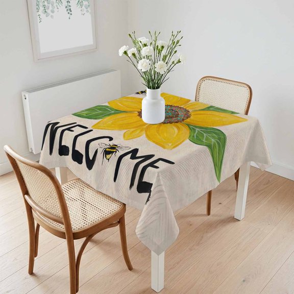 Waterproof Tablecloth Welcome Words Farm Sunflowers Square Table Cloth 60x60in,Wipeable Washable Table Cover Summer Honey Bee Tablecloths for Dining Tables Kitchen Picnic Camping Ourdoor Party