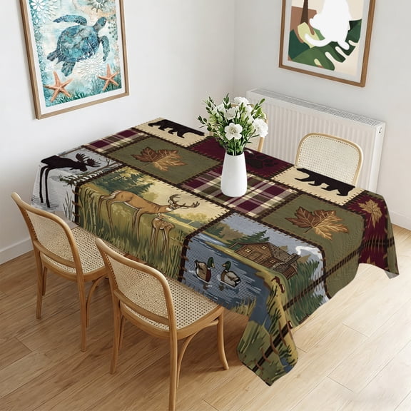 Waterproof Tablecloth Wildlife Moose Deer Bear Silhouettes Rectangle Table Cloth 60x102in,Wipeable Washable Table Cover Animal Plaid Tablecloths for Dining Tables Kitchen Picnic Camping Ourdoor