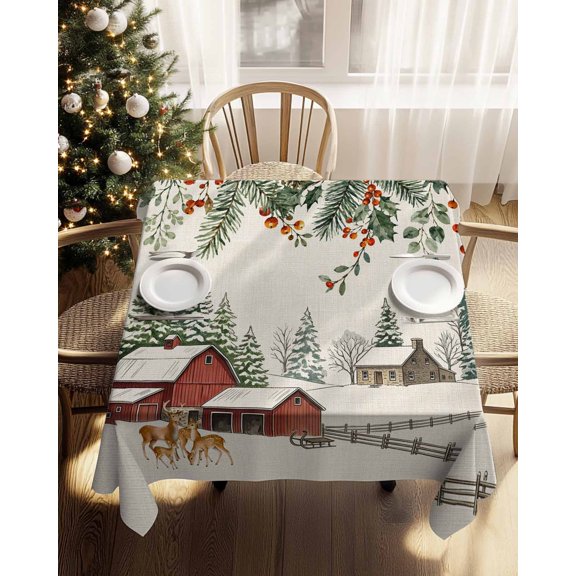 Waterproof Tablecloth Winter Cabin Deer Holly Berry Square Table Cloth 54x54in,Washable Table Cover Christmas Pine Tree Rustic Scene Tablecloths for Dining Tables Kitchen Picnic Outdoor Party