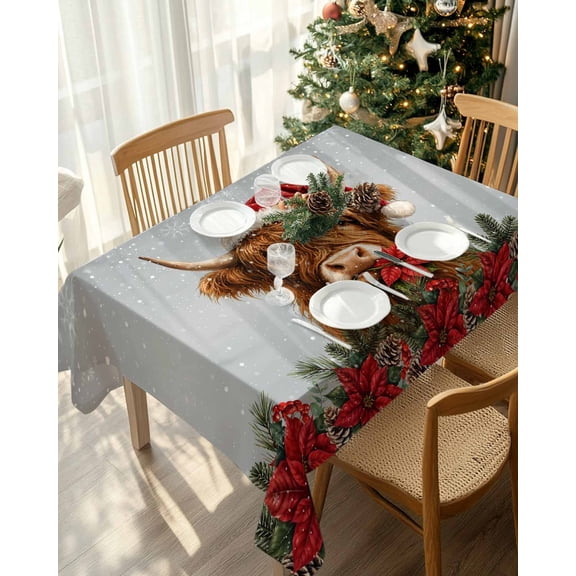 Waterproof Tablecloth Winter Poinsettia Pinecone Rectangle Table Cloth 52x70in,Wipeable Washable Table Cover Christmas Snowflake on Gray Tablecloths for Dining Tables Kitchen Picnic Outdoor Party