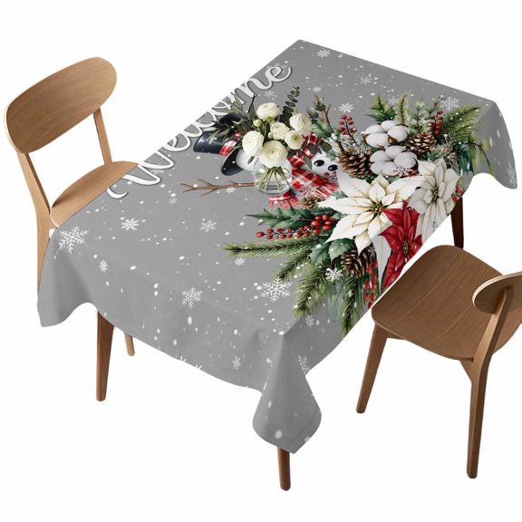 Waterproof Tablecloth Winter Snowman Flower Leaf Berry Rectangle Table Cloth 52x70in,Wipeable Washable Table Cover Christmas Snowflake on Gray Tablecloths for Dining Tables Kitchen Picnic Party