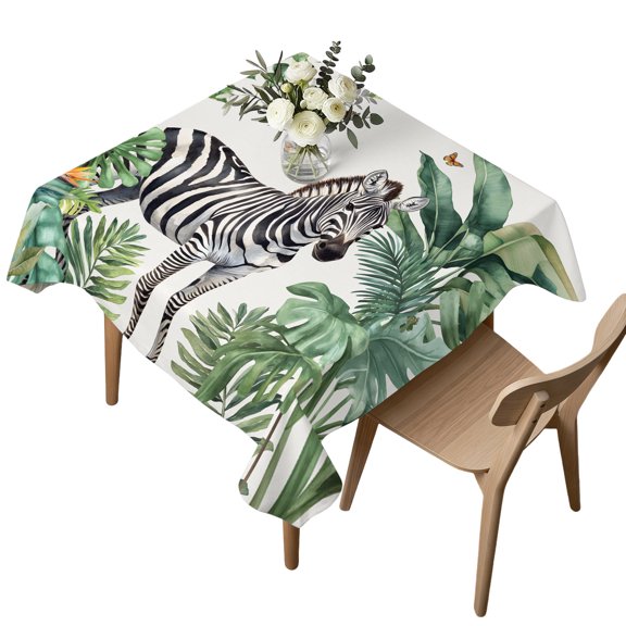 Waterproof Tablecloth Zebra Tropical Leaves Jungle Square Table Cloth 54x54in,Wipeable Washable Table Cover Black Stripes Animal Portrait Tablecloths for Dining Tables Kitchen Picnic Ourdoor