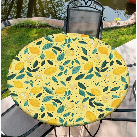 Waterproof Tablecloth with Elastic Tablecloth for Round Tables 36"-70" for Indoor Outdoor Patio Use, 36Inch, Lemon