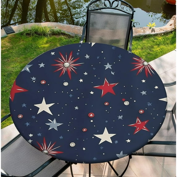 Waterproof Tablecloth with Elastic Tablecloth for Round Tables 36"-70" for Indoor Outdoor Patio Use, 44Inch, Stars and Fire