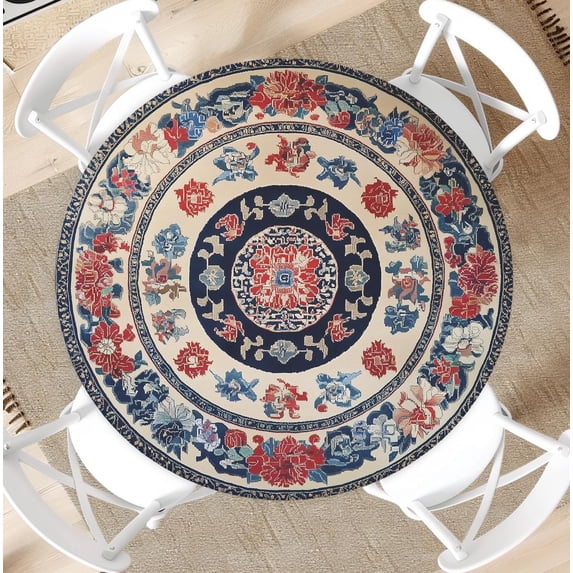 Waterproof Tablecloth with Elastic Tablecloth for Round Tables 36"-70" for Indoor Outdoor Patio Use, 52Inch, Ethnic Folk Style