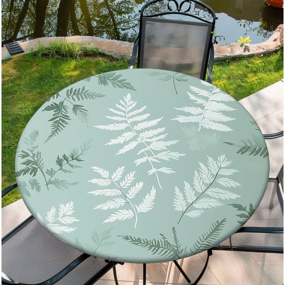 Waterproof Tablecloth with Elastic Tablecloth for Round Tables 36"-70" for Indoor Outdoor Patio Use, 60Inch, Mint Green White Fern